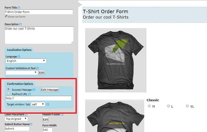 Order Form Confirmation Options