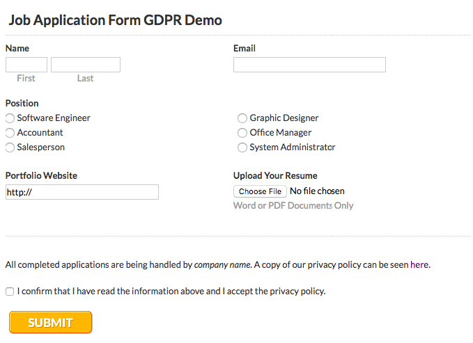 gdpr rules on application forms