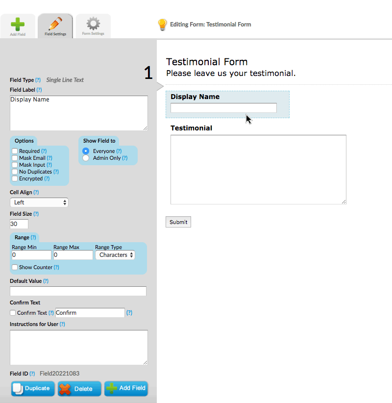 Click on form fields to set them up