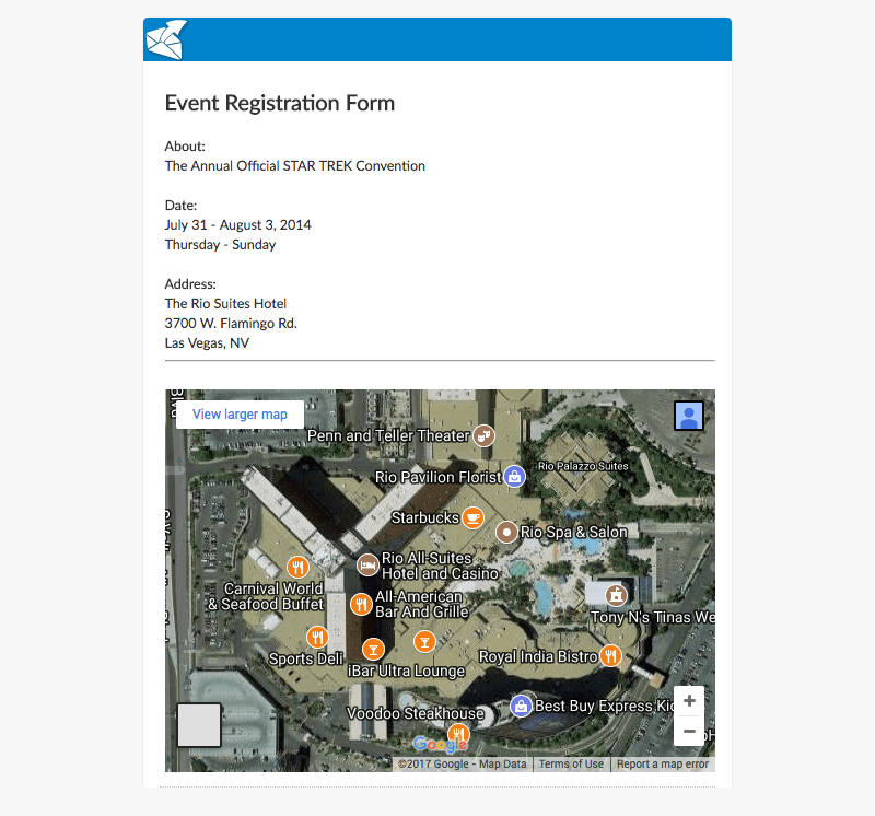 event registration online form with map